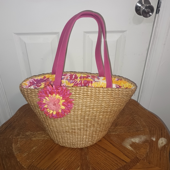 Pink and Natural Straw Tote Bag - Picture 1 of 6
